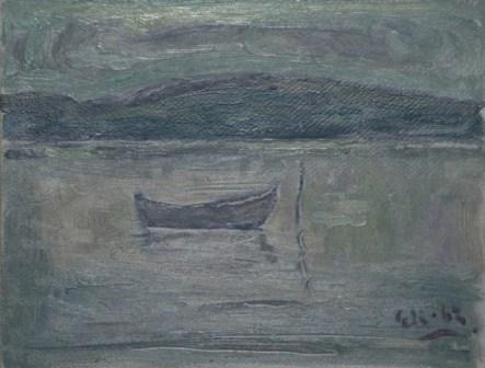 Erik Køllner, 1962, oliemaleri på masonit, forgyldt ramme og passepartout. Vintermotiv fra Helnæs. Privateje