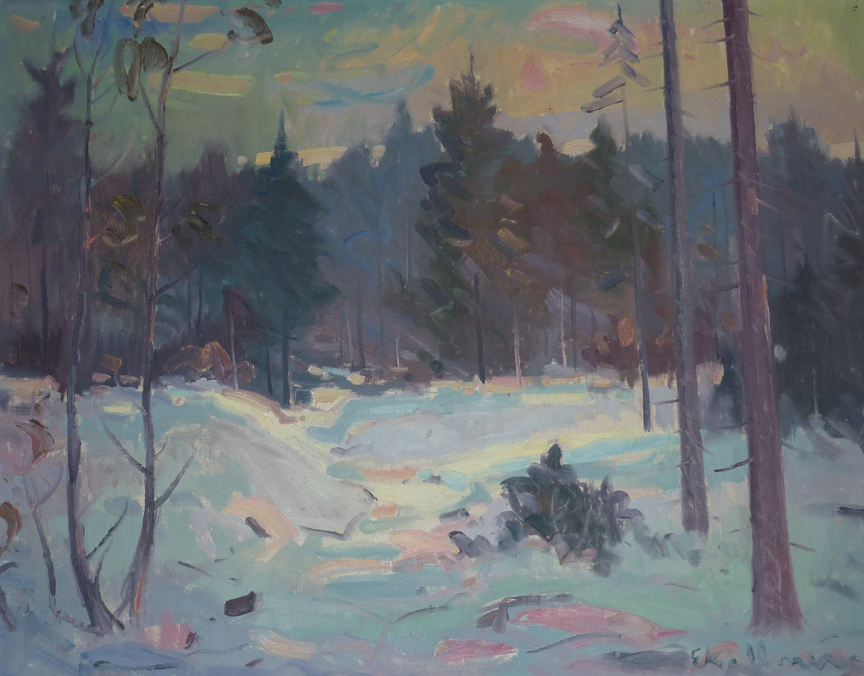 Erik Køllner, 1957, oliemaleri på lærred, hvid træramme, vintersol i skov. Privateje